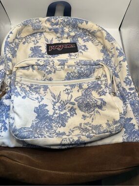 JanSport Floral Toile Backpack Blue White Suede Bottom School Travel